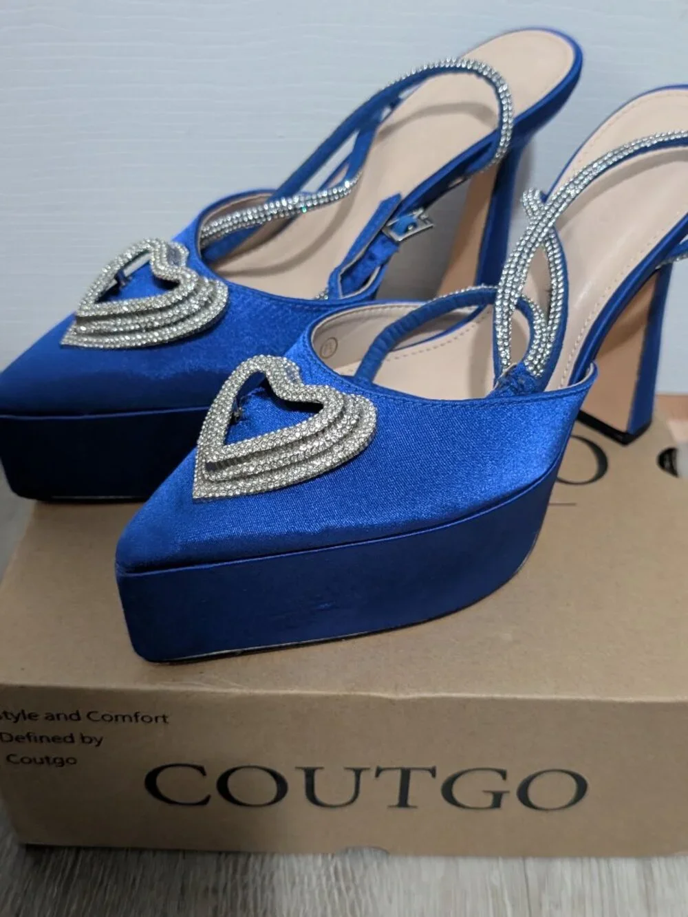Coutgo Royal Blue Rhinestone Heart Heels Size 7.5 Ankle Strap Dress Pumps point